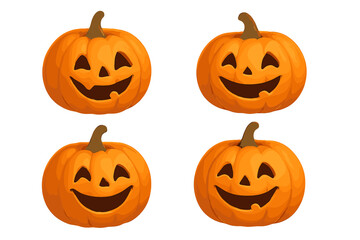 Four identical smiling orange Halloween jack-o'-lanterns arranged in a square pattern on a white background