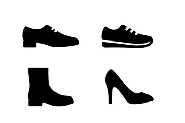 Formal dress shoes, athletic sneakers, ankle boots, and high heels in black silhouette style