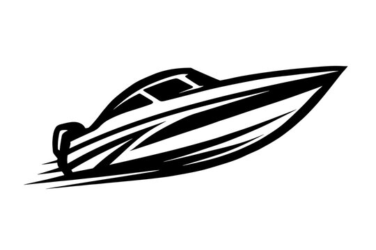 Dynamic powerful speed boat racing across the water surface in stylized monochrome