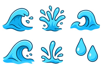 Set of cartoon water elements including ocean waves, dynamic splashes, and simple rain drops