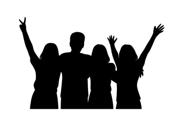 Four friends celebrating success together with raised hands and joyful gestures