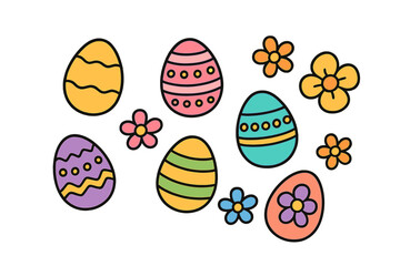 Brightly colored decorated Easter eggs and cheerful spring flowers holiday pattern