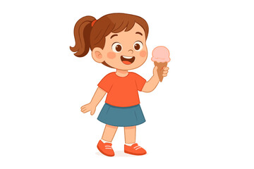 Smiling girl with a ponytail holding a sweet frozen dessert in a crispy waffle cone