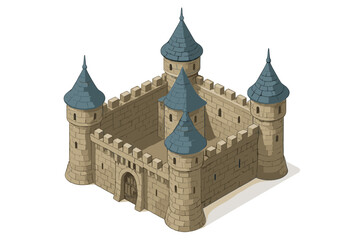 Obraz premium Isometric medieval stone fortress with high walls and multiple blue conical towers
