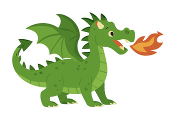 Cute green cartoon dragon breathing fire isolated on white background fantasy mythical creature