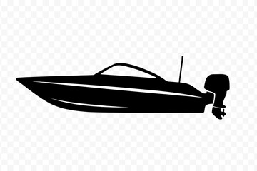 Black silhouette icon of a modern speedboat with an outboard engine used for water sports and recreation