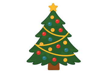 Traditional holiday Christmas tree adorned with colorful baubles, golden garland, and a bright star topper