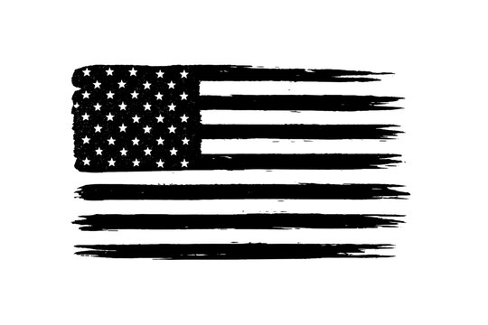 Distressed American flag in black and white grunge brush strokes texture