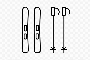 Black outline icon of a pair of alpine skis and two ski poles for winter sports equipment design