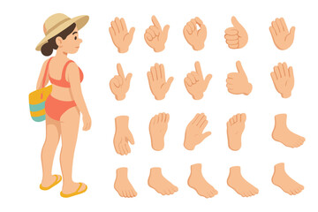 Customizable character kit of a woman in a bikini with various hand and foot poses