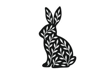 Black rabbit silhouette filled with white botanical leaf pattern on a white background