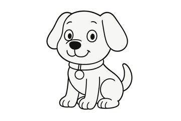 Adorable cartoon puppy dog sitting with a collar and tag black and white line art