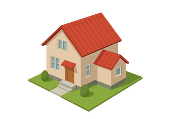 Isometric view of a suburban residential house with a bright red roof and small green lawn