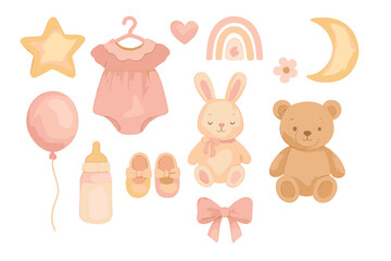 Sweet collection of baby shower elements including plush toys, infant clothing, bottle, and celestial shapes