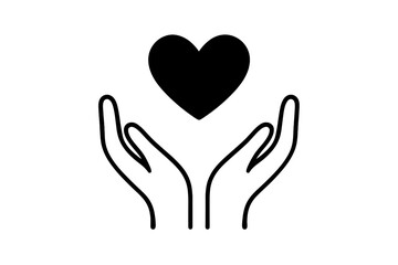 Minimalist black and white line art depicting hands gently holding a large heart shape
