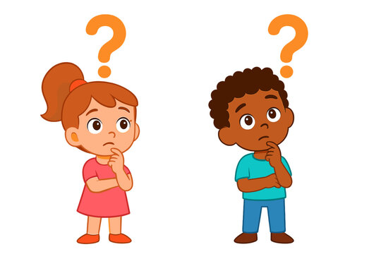 Diverse young children standing confused with big question marks above their heads - Powered by Adobe