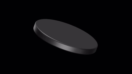 A sleek black disc rotates slowly against a dark background. - Powered by Adobe