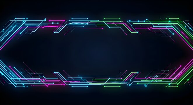 Neon-lit geometric border design with multicolored lines and dots on a dark background with a white space below for text or graphics.