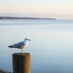 Peaceful morning scene of a seagull perched serenely on a wooden post overlooking the calm ocean waters, perfect for nature and travel themes