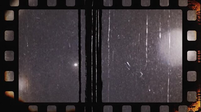 Dark vintage film strip overlay with light leak and vertical scratch mark