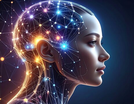 A woman's profile with brain-like network glowing, digital art