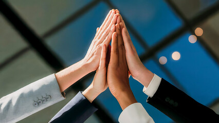 Diverse business team celebrates success with a high five gesture of unity
