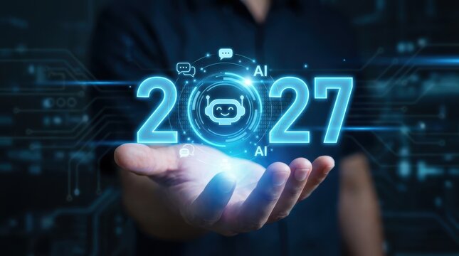 Hand holding holographic 2027 with AI chatbot robot and digital communication icons floating above