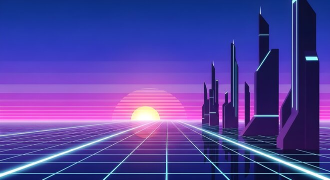 Neon-lit futuristic cityscape with grid pattern and vibrant sunset in the background, conveying a retro-futuristic mood with purple and pink hues.