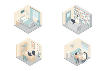 Isometric medical facility rooms collection with hospital and pharmacy scenes