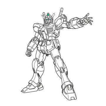 A detailed line art illustration of a futuristic humanoid robot in a dynamic pose.