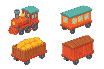 Isometric cartoon train engine and freight cars with hay bales © icon_art