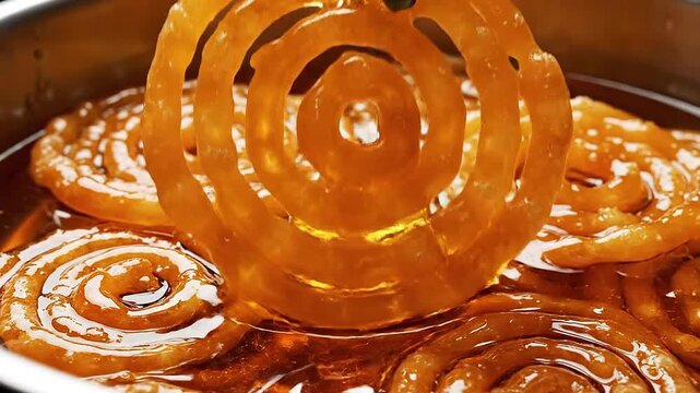 Glossy jalebi spirals soaking in syrup