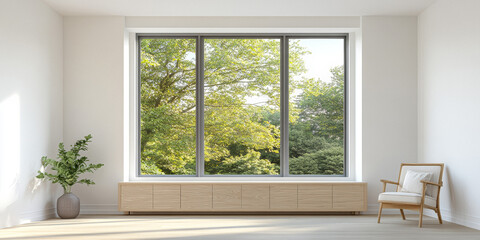 Bright modern room featuring large windows with views of greenery and minimalist decor in a peaceful setting
