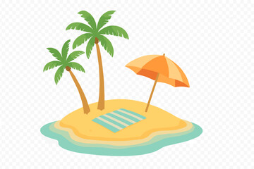 Tropical island beach scene with palm trees and sun umbrella