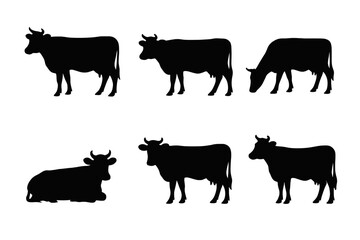Six black cow silhouettes showing various poses and positions