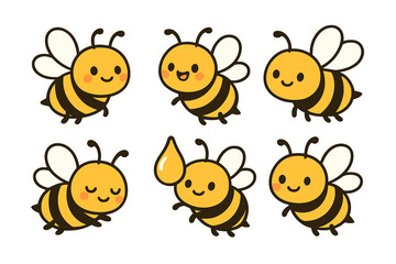 Collection of cute cartoon honey bees with happy facial expressions