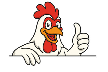 Happy cartoon rooster mascot peeking over white banner with thumbs up gesture