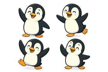 Obraz premium Four cute cartoon baby penguins waving and smiling cheerfully