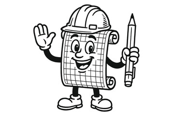 Cheerful Graph Paper Character in Hard Hat Waving with Pencil