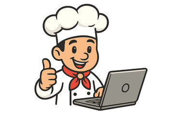 Cheerful cartoon chef character giving thumbs up with laptop computer