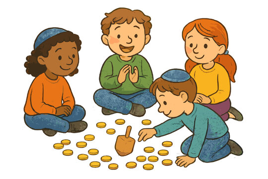 Diverse children playing dreidel game with chocolate coins during holiday celebration