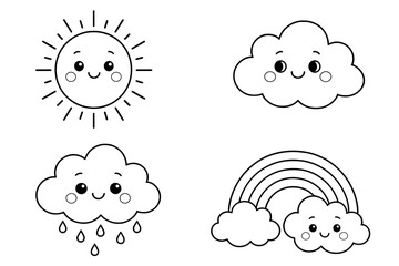 Cute weather icons set featuring sun, rain cloud, and rainbow for coloring