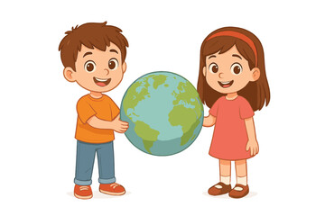 Happy children holding planet Earth globe together