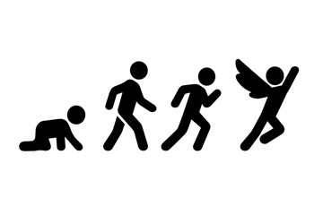 Human evolution stages stick figure progression from crawling to flying