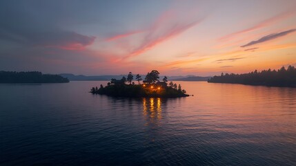Obraz premium Glowing Lights on Tree-Covered Island Beneath Fiery Horizon Sky 