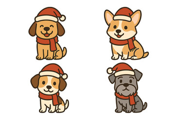 Four cute cartoon dogs in Santa hats and winter scarves