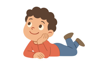 Cheerful young boy resting on stomach looking up thoughtfully