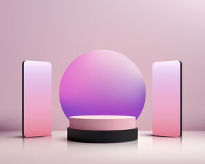 Minimalist 3d product display with pink gradient background featuring round pedestal, sphere and vertical smartphone screens, modern technology showcase for branding and design presentations