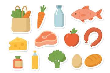 Colorful sticker set of assorted grocery food items for shopping and nutrition