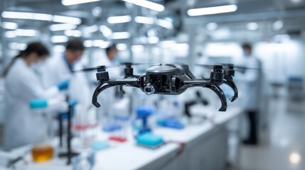 Obraz premium Drone in Laboratory Environment with Scientists Conducting Research and Experiments for Technological Innovations and Developments in Modern Science